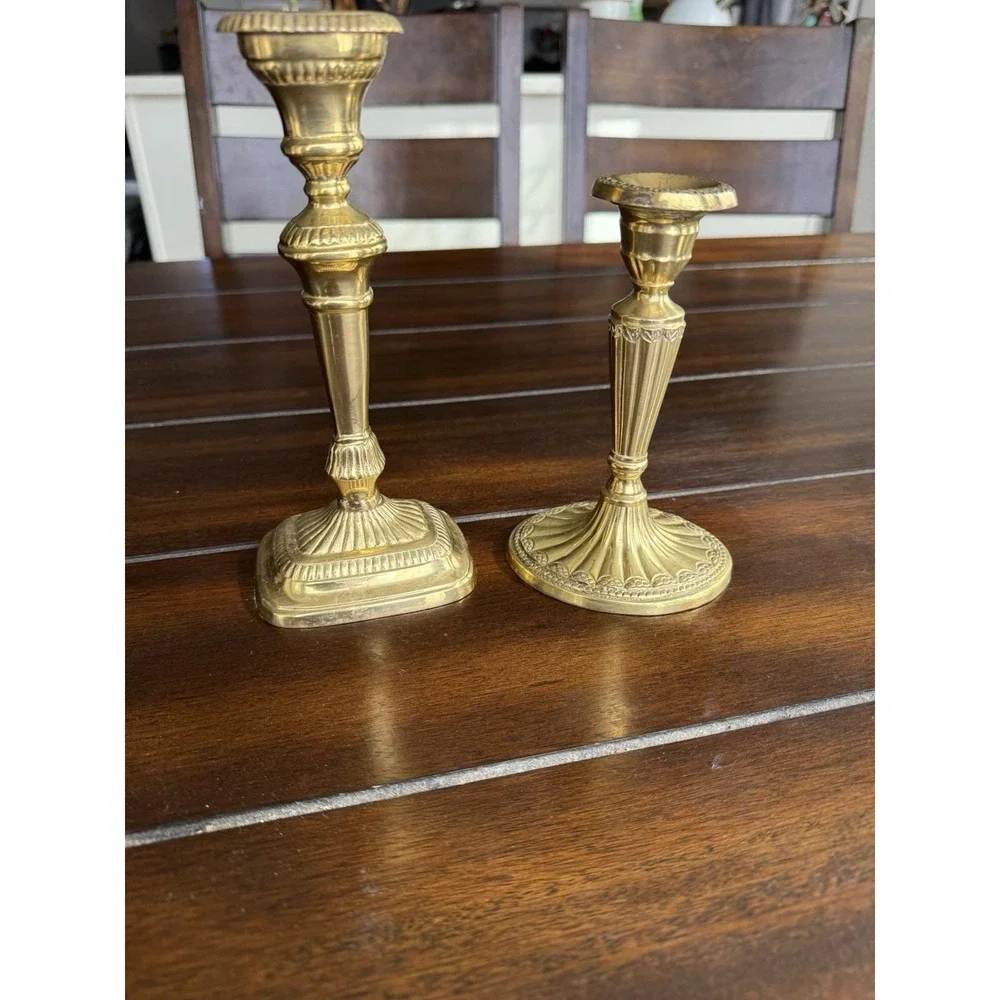 Eclectic Vintage Brass Candlestick Set Louis XVI Style